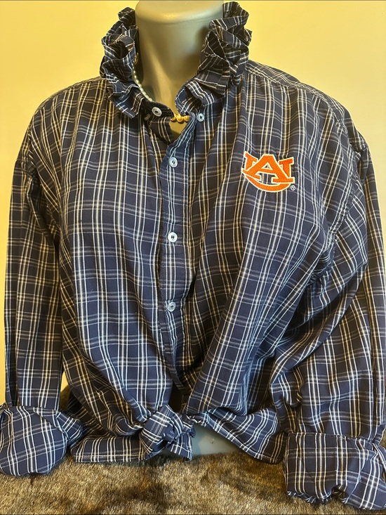 Pro Edge Tops - Pro Edge Navy Plaid Ruffled collar Shirt with Auburn Logo